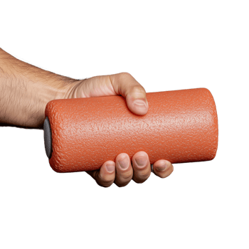 Hand holding an orange foam roller for exercise, showing detail and grip on a transparent background png