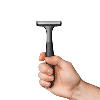 Hand holding a black razor against a transparent background representing grooming, shaving, and personal care in a minimalist clean style png