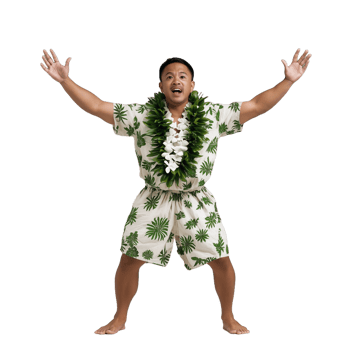 Excited young man in Hawaiian attire with floral lei and arms spread wide against a transparent background png