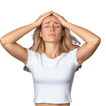 Frustrated woman with hands on head showing stress and fatigue, isolated on transparent background, wearing white shirt, facing forward with expression of tension and anxiety png