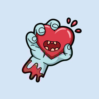 A cartoon zombie hand holds a red, fanged heart with blood dripping from its fingers. vector