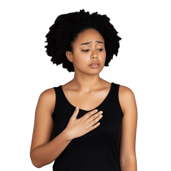 Woman expressing concern and emotion with hand on chest against transparent background png