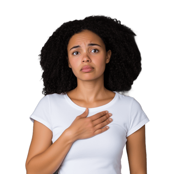 Portrait of a thoughtful young woman with hand on chest expressing contemplation and emotion, wearing a white shirt on a transparent background png
