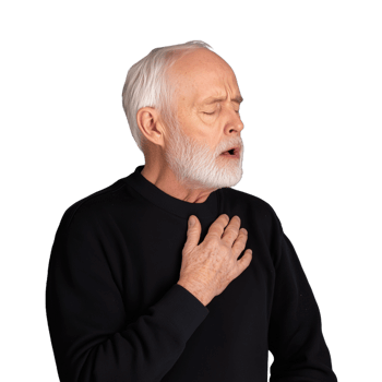 Elderly man experiencing chest discomfort, expressing concern and distress, with hand over his heart. The image captures the concept of health issues, stress, and vulnerability in a senior individual. png