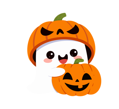 Happy cute smiling ghost wear pumpkin helmet hug Halloween pumpkin png