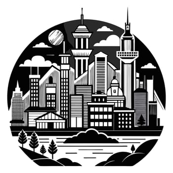A black and white illustration of a city skyline vector