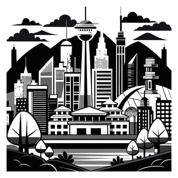 A black and white illustration of a cityscape vector