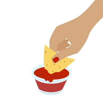 Female hand dipping corn nacho in glass gravy boat with salsa sauce. Traditional Mexican fast food. Isolated Front view. illustration Cards, posters, banners, leaflets, menu, promo or web, tag vector