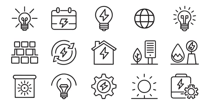 Energy saving related editable stroke outline icons set isolated flat illustration on white background. vector