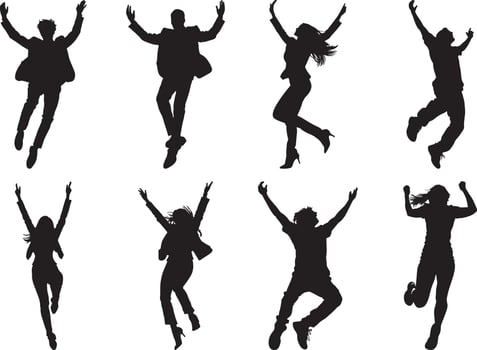 Collection of Happy people dancing or jumping full length silhouette black vector