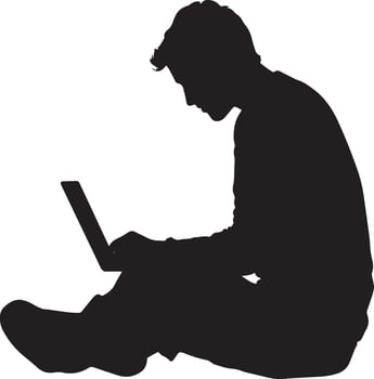silhouette of a man sitting on the floor with a laptop vector