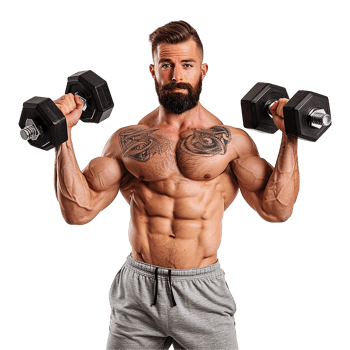 A man with a beard and muscles is holding two dumbbells png