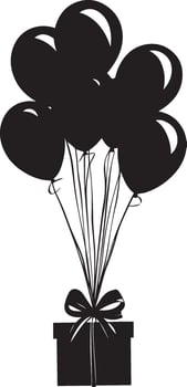 Bunch of flying balloons attached with gift box clean simple silhouette black vector