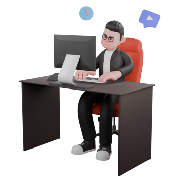 3D Cartoon Editor Character. A male editor is sitting at his work desk with both hands operating the computer. Publishing Expert Model png