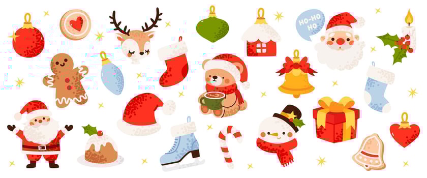 Christmas Holiday Icon Set with Festive Decorations, Santa, and Winter Elements vector