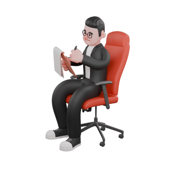 Editing 3D Illustrated. A male editor sits on a gaming chair with his right hand holding a clipboard while his left hand holds a pen. Professional Male Editor png