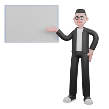 3D Cartoon Editing Specialist. A male editor stands next to the writing panel while pointing at the whiteboard with his right hand and his left hand on his waist. Media Control Scene png
