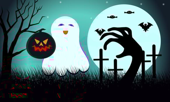 Halloween Ghost and pumpkin big hand with Scene under the moonlight and bats vector