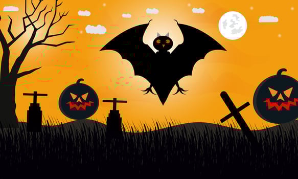 halloween scary orange background with black pumpkin and bats vector