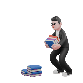 3D Male Editor Character. A male editor is standing, squatting, carrying four stacks of books taken from several stacks of books in front of him. Media Professional png