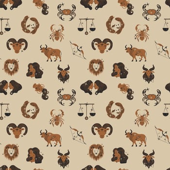 Seamless pattern with Zodiac signs icons. Horoscope. Modern magic Astrological symbol vector
