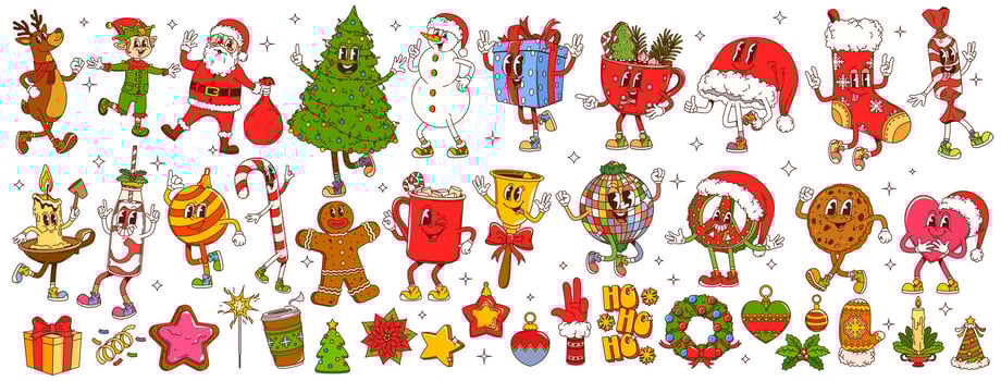 Cartoon groovy funny Christmas characters, holiday vector