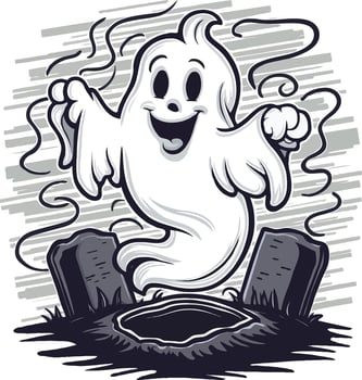 A cartoon ghost with a grave in the background vector