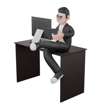 Professional Male Editor. A male editor sits at his desk holding a mobile phone while his legs are crossed. 3D Media Illustrated png