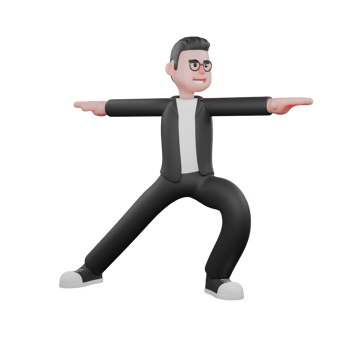 Professional Media Male. A male editor is in a position where one leg is bent and the other leg is perpendicular and with both arms stretched straight to the side in opposite directions. 3D Editor png