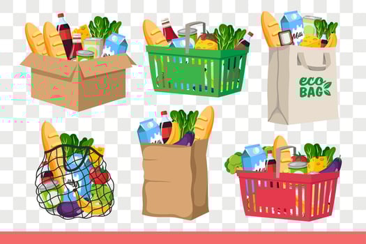 Food and groceries in cardboard boxes or bags and baskets from supermarket or grocery store vector