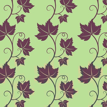 Grape vine with leaves pattern, burgundy vine silhouette on green background. vector