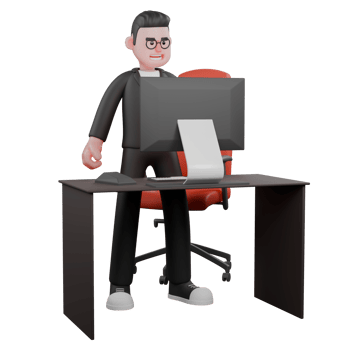 3D Male Editor in Professional Role. A male editor stands behind a work desk. Media Cartoon png