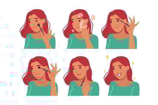 Woman does makeup step by step and takes care of facial skin before going on date with boyfriend vector