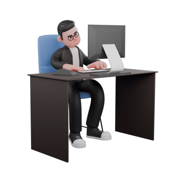 3D Illustrated of Professional Male Editor. A male editor is sitting while typing on a keyboard that is right in front of the monitor screen on his desk. Media png
