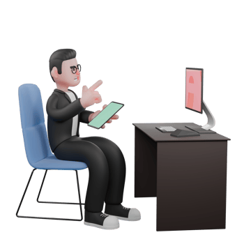 Male Professional Editor 3D Character. A male editor is sitting in front of the monitor on his desk while operating a tablet. Media png