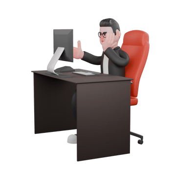 3D Male Editor in Action. A male editor sits in front of a monitor at his desk while holding his cheek with his left hand. Professional Media png