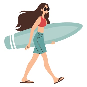 Flat illustration. Cute woman goes to the beach and carries a surfboard vector