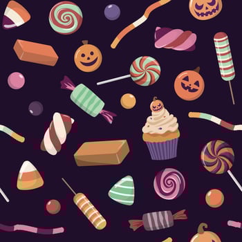 Cartoon Halloween sweets seamless pattern in soft colors. Colorful Halloween candies. Many types of spooky desserts. Hand drawn delicious sweets. vector
