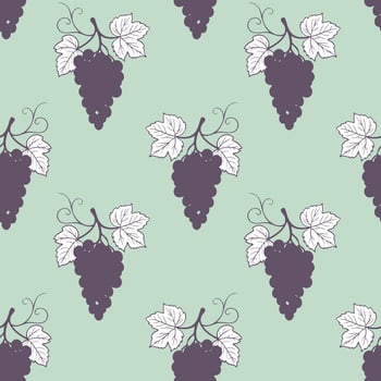 Grape seamless pattern on mint green background, contour doodle gray drawing of grape berries and leaves. vector