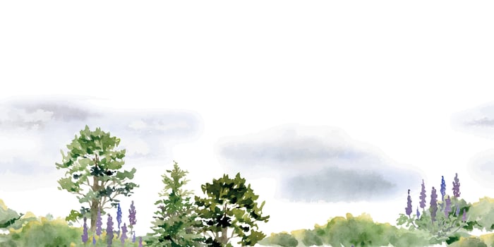 Scenery landscape of forest meadow grassland with bushes flowers, cloudy sky, pine tree alpine vista, hand drawn in watercolor. Seamless banner for tourism, resort ads, hiking camping sites, vacation. vector
