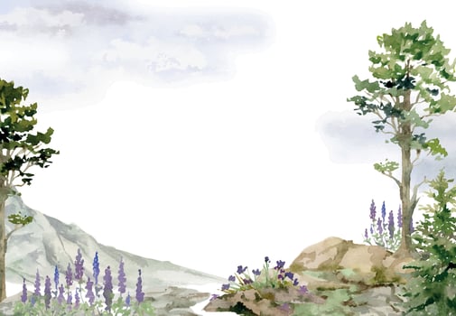 Scenery landscape of northern forest cliffs crags, bushes flowers, pine spruce tree alpine rocks cloudy sky hand drawn in watercolor. Frame for tourism, resort ads, hiking camping sites vacation. vector