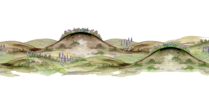 Scenery landscape of rolling hills cliffs fields grass pasture moorland swamp alpine vista flowers hand drawn in watercolor. Seamless banner. For tourism, resort ads, hiking camping sites, vacation. vector
