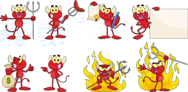 Little Red Devil Cartoon Character. Hand Drawn Collection Set vector