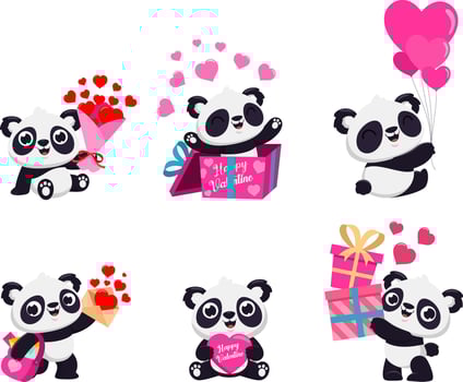 Cute Valentine Panda Bear Cartoon Character. Flat Design Collection Set vector