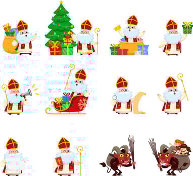 Cute Saint Nicholas And Krampus Cartoon Characters. Flat Design Collection Set vector