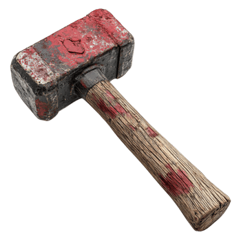 Horror style bloodied hammer with splattered blood and aged wooden handle isolated png