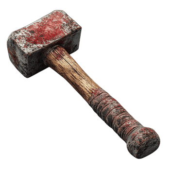 Grungy bloodied sledgehammer with rusty metal head and wooden grip isolated png