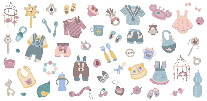 Set It's a baby. Hello baby. White background, isolate. Dresses, overalls, bows, toys, dishes. vector