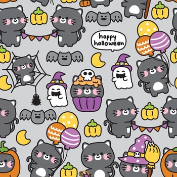Happy halloween.Seamless pattern of cute cat various poses background.Ghost,bat,balloon,cupcake hand drawn.Animal character cartoon.Kawaii.Illustration. vector