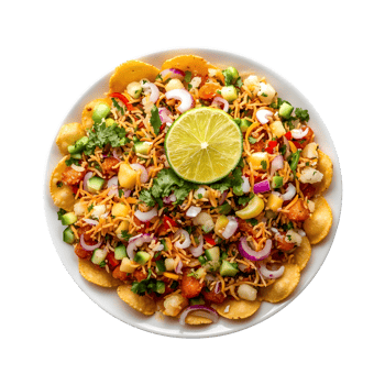 Colorful Indian Bhel Puri or Pani Puri with Fresh Vegetables and Lime on Transparent Background Perfect for Gujarati Snack Product Banners and Covers png